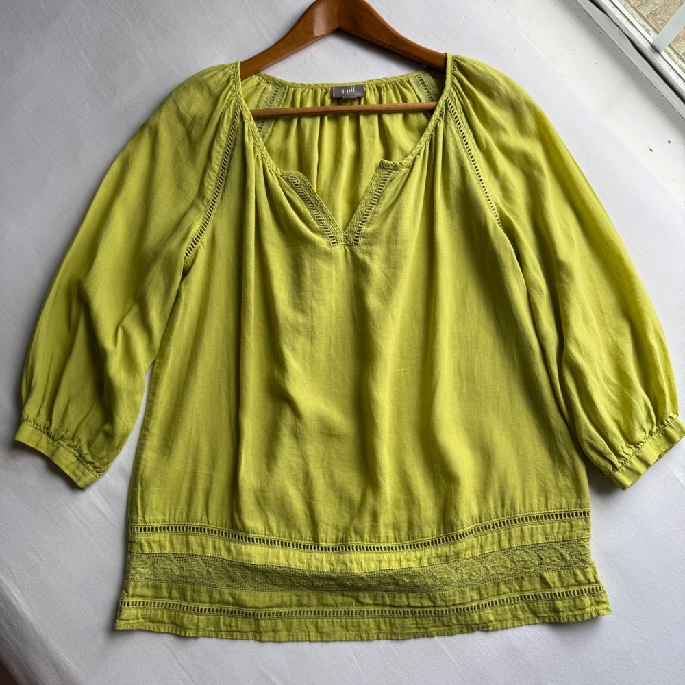 J. Jill Chartreuse Lime Green Linen Blend Lace Trim Peasant Blouse Small Boho